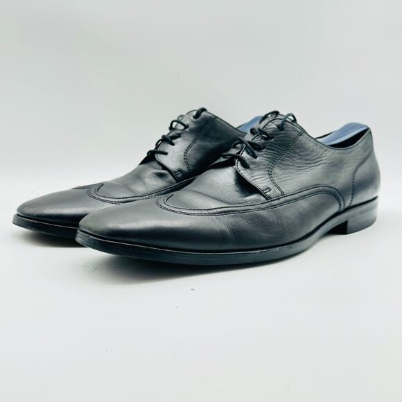 Hugo Boss Shoes Mens 9 Black Leather Oxford Wingtip Dress Casual Italy Lace Up - Picture 4 of 11